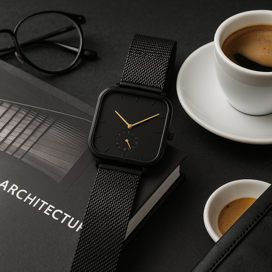 CENIT – Reloj G-Force Negro Minimalista con Malla Metálica y Detalles Dorados