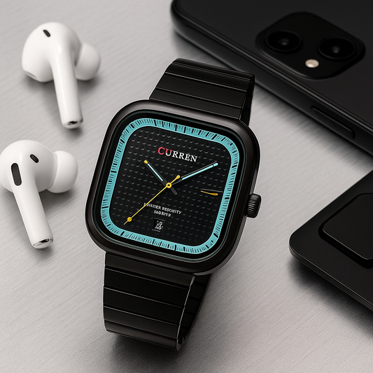 SOVEREIGN – Reloj Curren Negro Cuadrado con Detalles Aqua