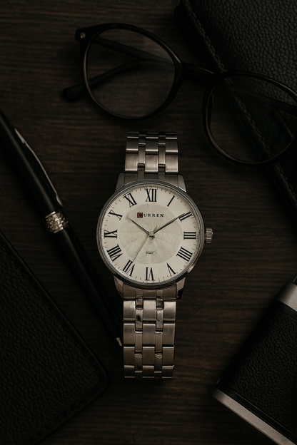 ALTAIR – Reloj Curren con Números Romanos y Pulso Metálico Plateado